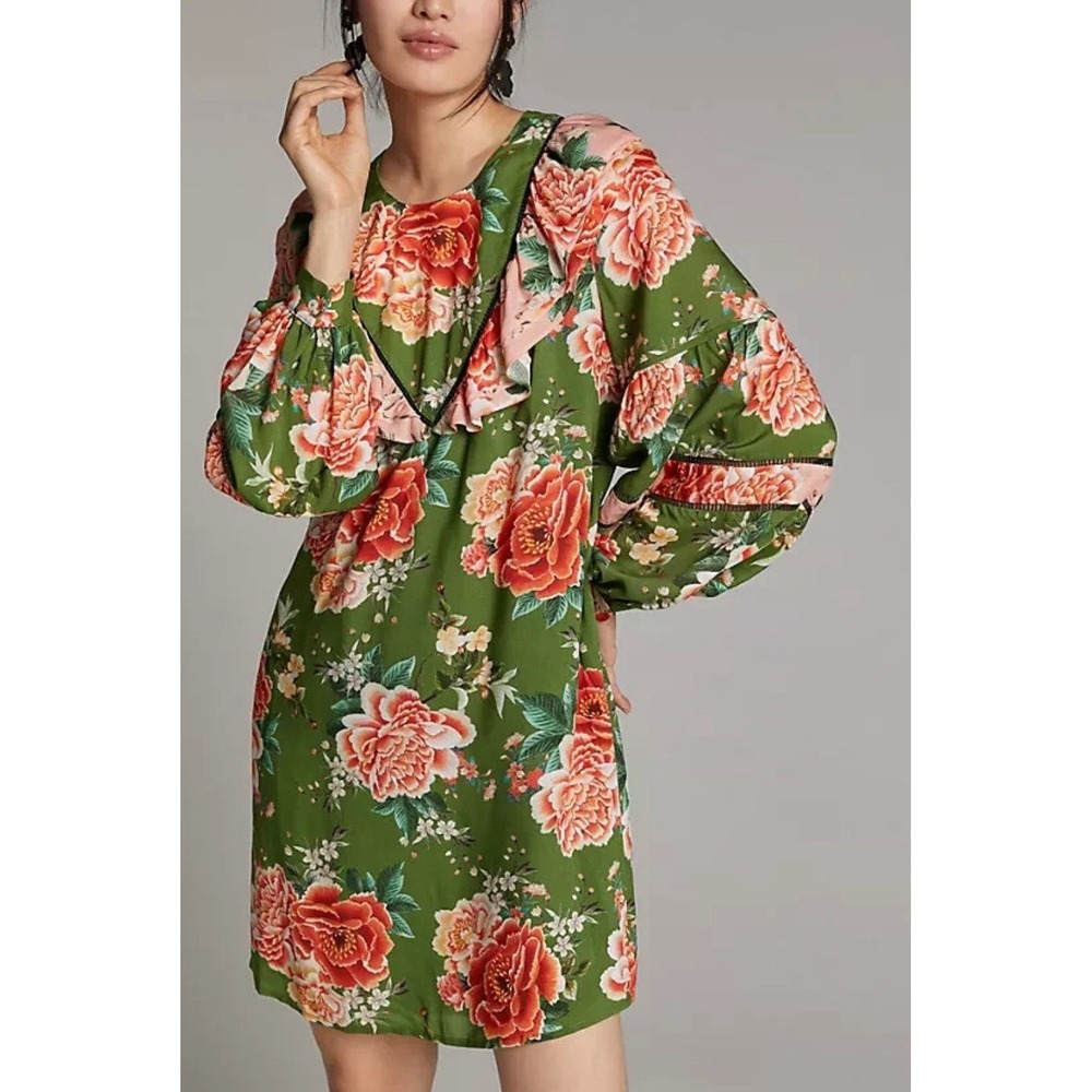 Anthropologie Farm Rio Floral Shift Dress Elinor Green Tunic Balloon Sleeve Sz L - Picture 1 of 8